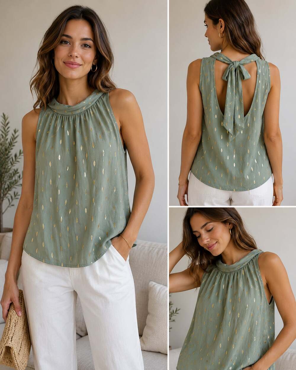 Elizabeth Crosby Los Angeles Sage Green Gold Foil Print Tie-Back Sleeveless Blou